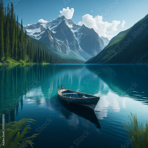 Tranquil Lake Amidst Majestic Mountains" Generated using AI technology