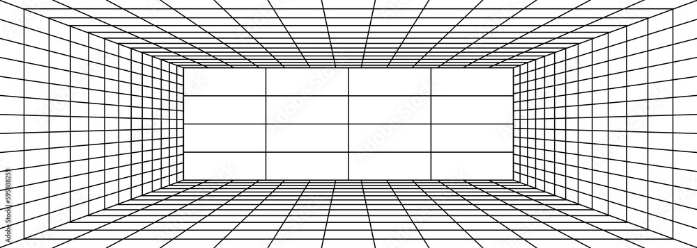 Retro grid tunnel geometry on black background. PNG - obrazy, fototapety, plakaty 
