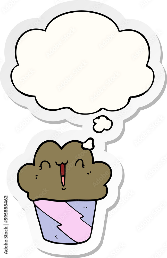 cartoon cupcake with face with thought bubble as a printed sticker cartoon cupcake with face with thought bubble as a printed sticker