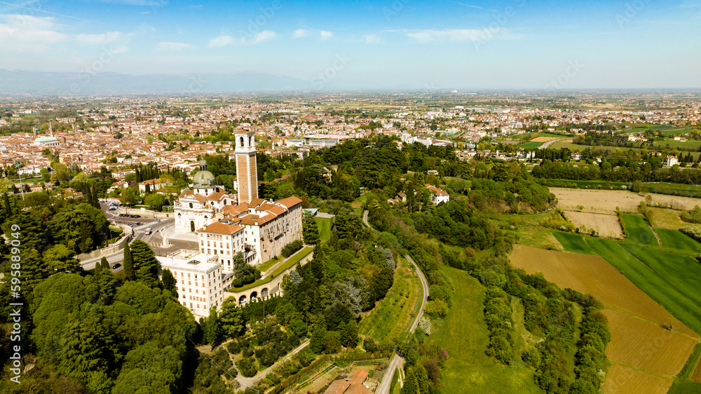 Aerial footage of an italian monastery on a sunny day 