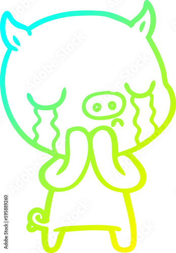 cold gradient line drawing of a cartoon pig crying