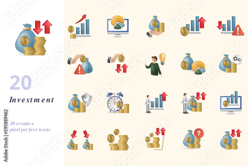 Investment set. Creative icons: profit, chart, saving, increase cost, risk reduction, investment risk, return of investment, decision, investing data, financial assets, investment security, investment