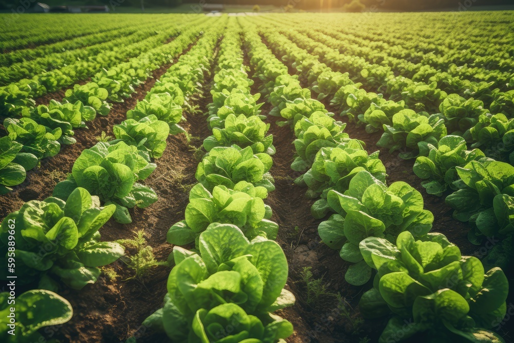 Background with a field of Lettuce plantations. Growing, harvesting Lettuce. Healthy natural food and vegetable background concept.  - obrazy, fototapety, plakaty 