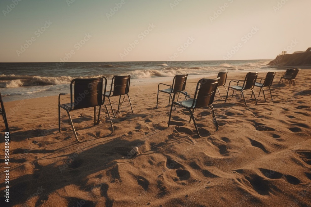 Chairs on sandy shoreline. Generative AI