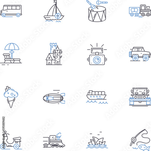Backpacking line icons collection. Adventure, Exploration, Wanderlust, Nature, Trekking, Camping, Hiking vector and linear illustration. Backpack,Mountains,Wilderness outline signs set