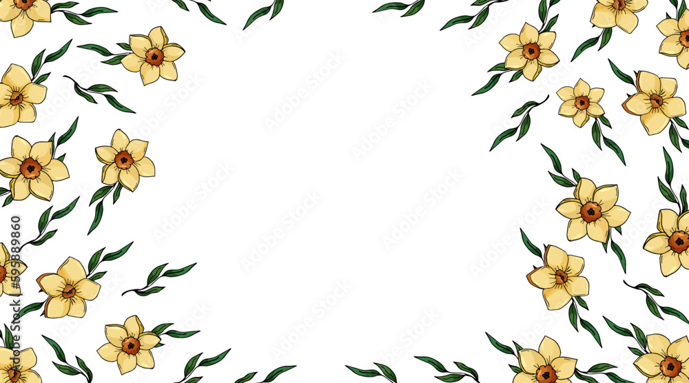 Floral banner template, advertising, web design, flyer, postcard with daffodils and leaves in a circle on a white background. hand drawn vector Floral banner template, advertising, web design, flyer, postcard with daffodils and leaves in a circle on a white background. hand drawn vector