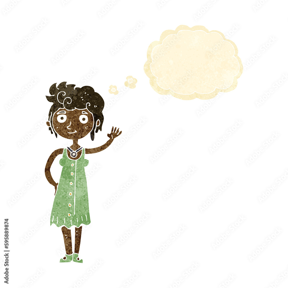 cartoon hippie woman waving with thought bubble cartoon hippie woman waving with thought bubble