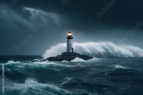 Rainstorm-lit lighthouse shines onto the sea. Generative AI
