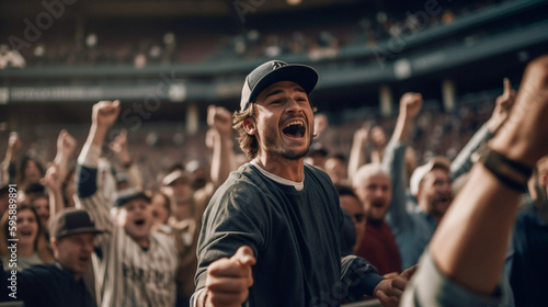 Baseball fans cheer and celebrate their team's victory in the stands - ai generative