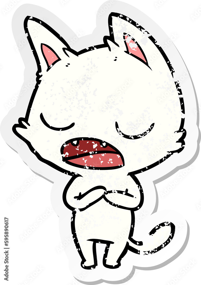 distressed sticker of a talking cat cartoon distressed sticker of a talking cat cartoon