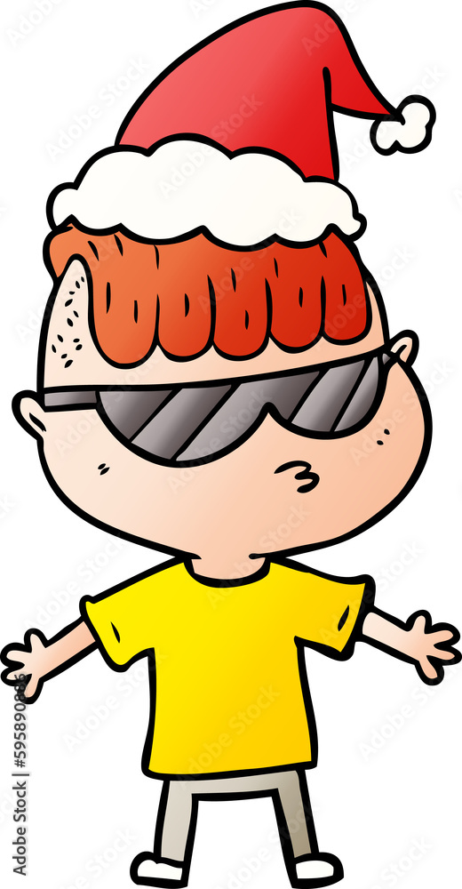 hand drawn gradient cartoon of a boy wearing sunglasses wearing santa hat