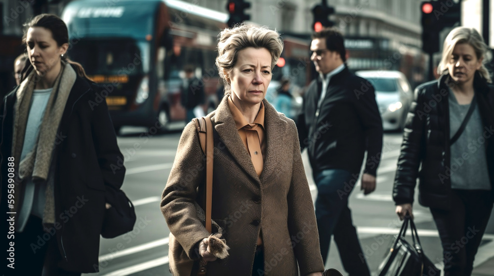 Middle age woman going at work in the city, made with generative AI Middle age woman going at work in the city, made with generative AI