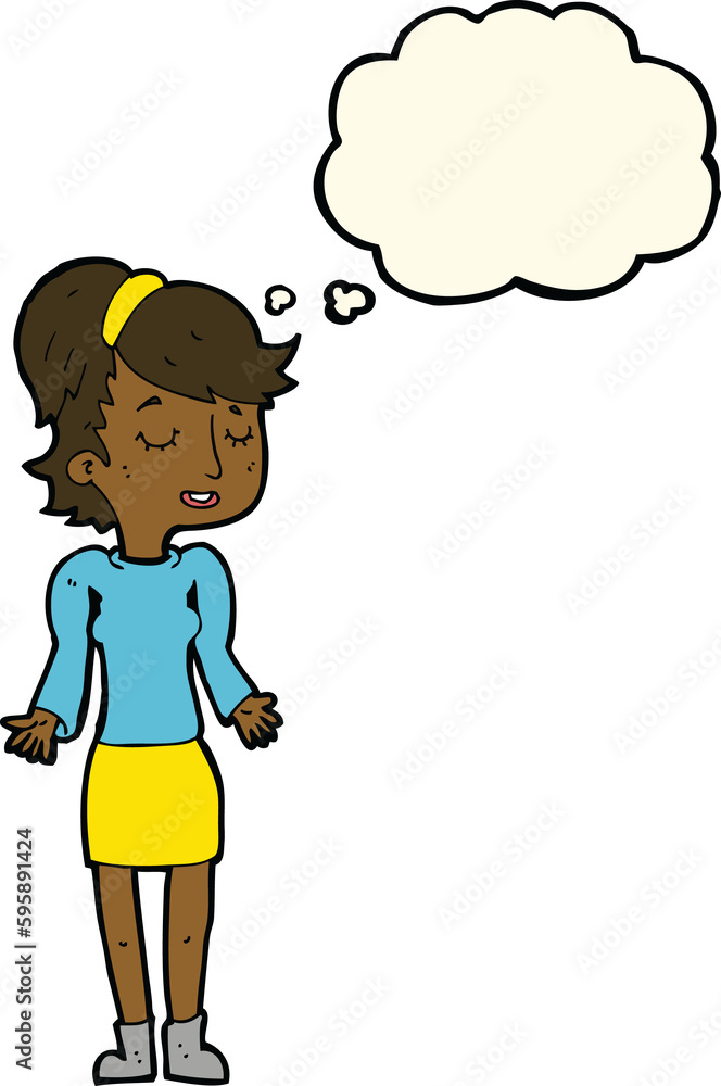 cartoon woman shrugging shoulders with thought bubble cartoon woman shrugging shoulders with thought bubble