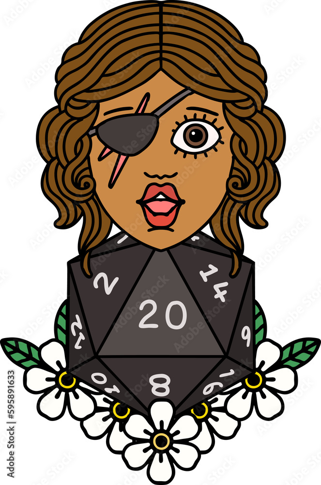 Retro Tattoo Style human rogue with natural twenty dice roll Retro Tattoo Style human rogue with natural twenty dice roll