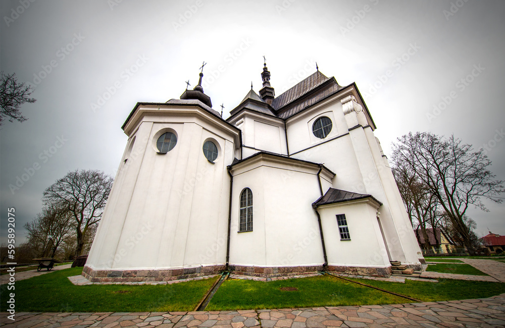 General view and architectural details of the baroque Roman Catholic church of St. Agnes built in 1924 in Goniadz, Podlasie, Poland.