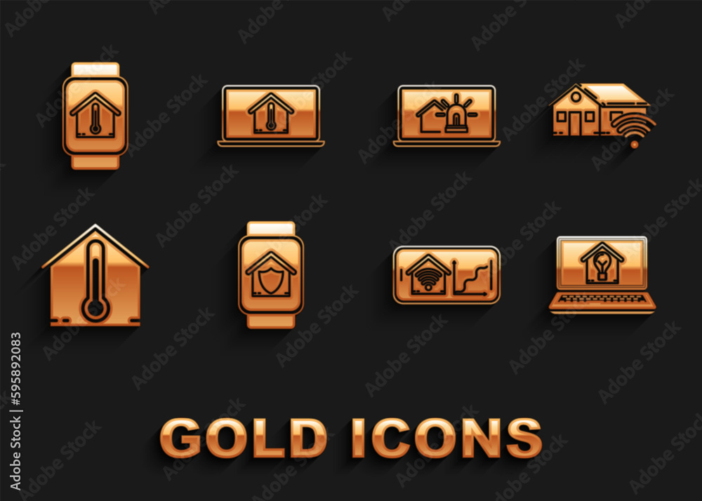 Set Smart watch with house under protection, home wi-fi, Laptop smart and light bulb, Mobile phone, House temperature, alarm, and icon. Vector Set Smart watch with house under protection, home wi-fi, Laptop smart and light bulb, Mobile phone, House temperature, alarm, and icon. Vector