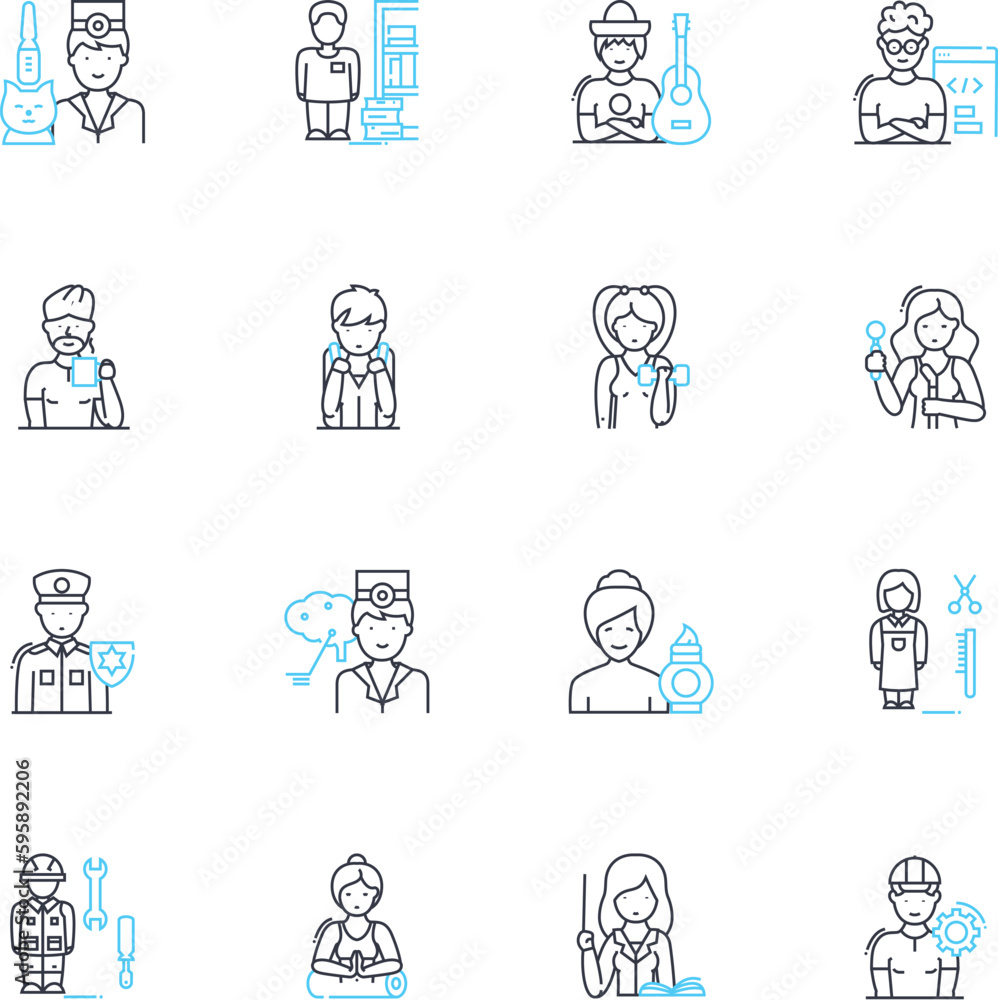Occupation linear icons set. Doctor, Teacher, Lawyer, Engineer, Scientist, Writer, Actor line vector and concept signs. Musician,Chef,Architect outline illustrations Occupation linear icons set. Doctor, Teacher, Lawyer, Engineer, Scientist, Writer, Actor line vector and concept signs. Musician,Chef,Architect outline illustrations