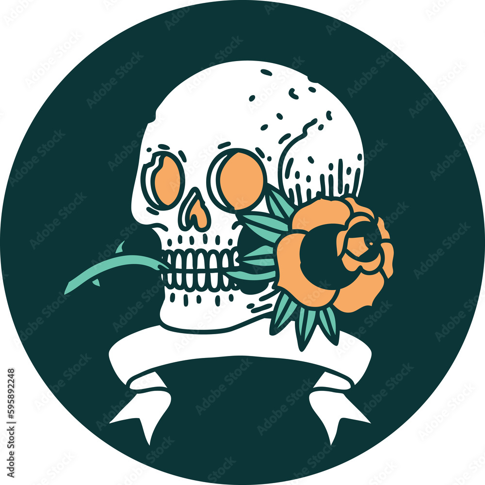 tattoo style icon with banner of a skull and rose tattoo style icon with banner of a skull and rose