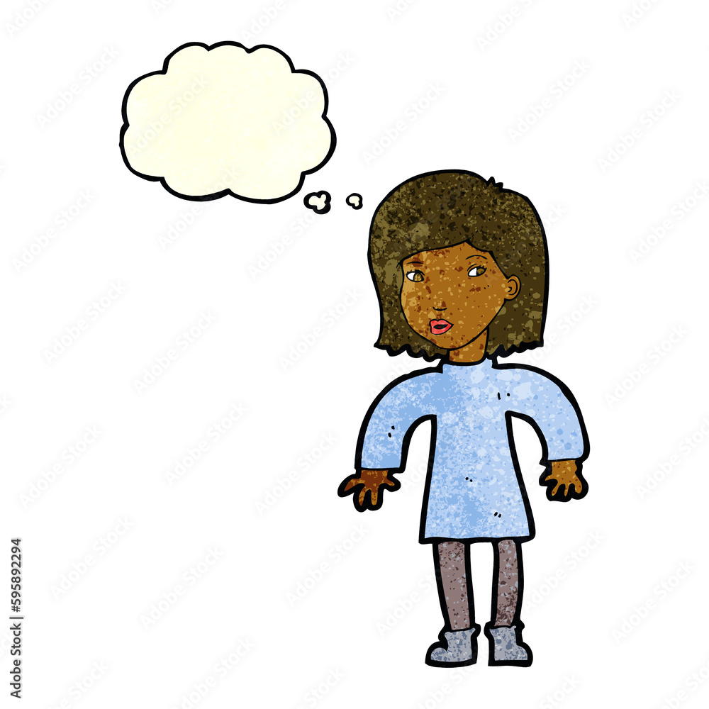 cartoon cautious woman with thought bubble cartoon cautious woman with thought bubble