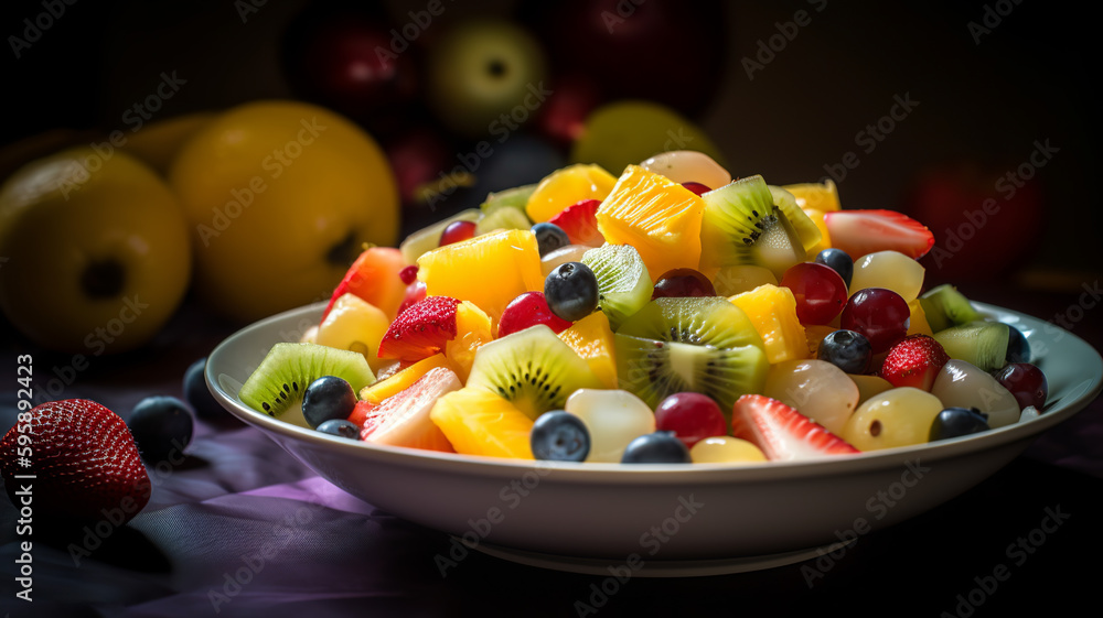 Tasty fruit salad in a bowl, Generative AI