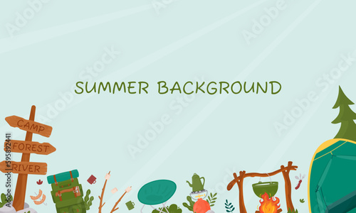 Background for summer camping, travel, trip, hiking, tourist, nature, travel, picnic. Design of a poster, banner, leaflet, cover, special offer, advertisement. Vector illustration in a flat style.