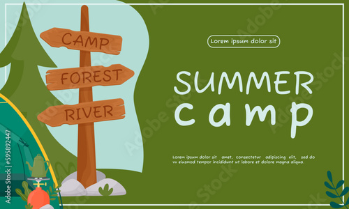 Background for summer camping, travel, trip, hiking, tourist, nature, travel, picnic. Design of a poster, banner, leaflet, cover, special offer, advertisement. Vector illustration in a flat style.