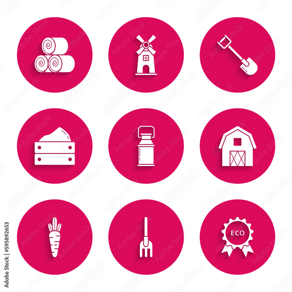 Set Can container for milk, Garden rake, Banner, label, tag, logo eco, Farm House concept, Carrot, Wooden box with harvest, Shovel and Roll of hay icon. Vector