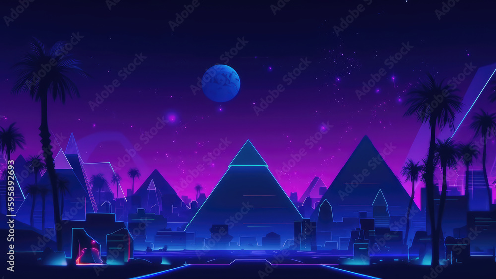 Night moon futuristic neon cairo egypt city with pyramid background. Dark cyber architecture in desert landscape with landmark. Illuminated purple ancient environment. Generative AI