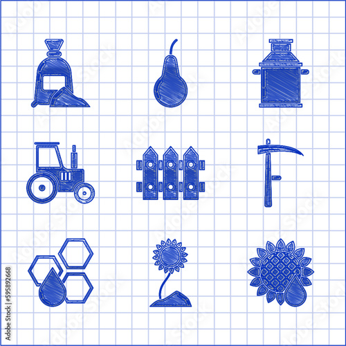 Set Garden fence wooden, Sunflower, Scythe, Honeycomb, Tractor, Can container for milk and Bag of flour icon. Vector