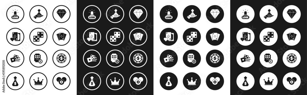 Set Diamond, Game dice, Playing card with clubs symbol, Casino losing, diamonds, Hand holding money bag, chip dollar and icon. Vector