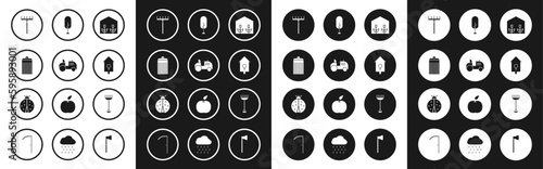 Set Home greenhouse and plants, Tractor, Trash can, Garden rake, Retro wall watch, Tree, and Ladybug icon. Vector