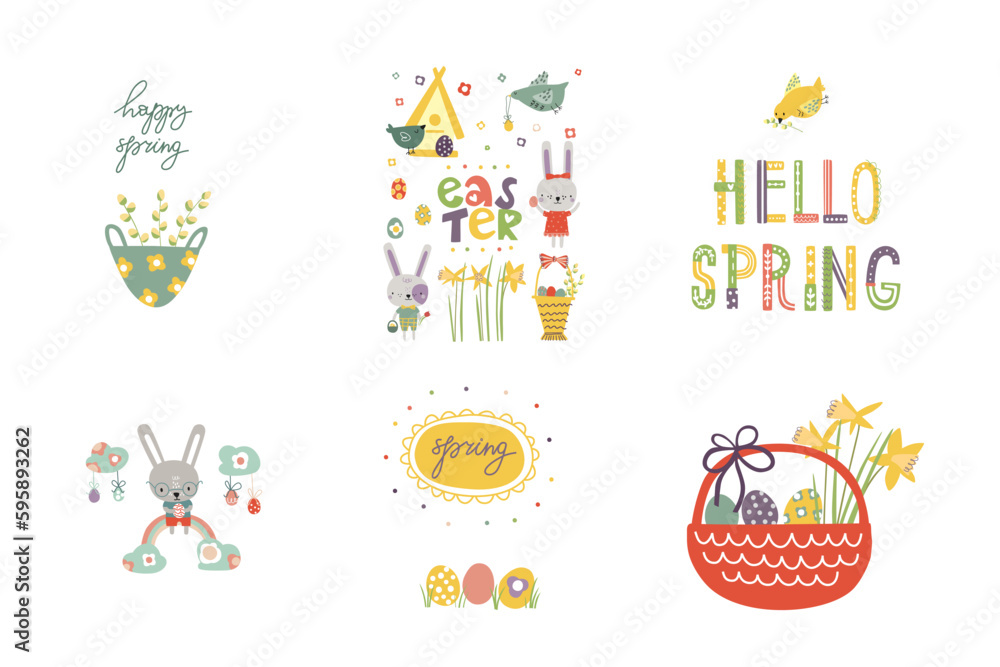 A large set of postcards on a spring theme. Hares, birds, baskets, flowers, eggs, bird houses, decor elements. Cute illustration for card design, greeting email, invitation design, announcement, scrap A large set of postcards on a spring theme. Hares, birds, baskets, flowers, eggs, bird houses, decor elements. Cute illustration for card design, greeting email, invitation design, announcement, scrap