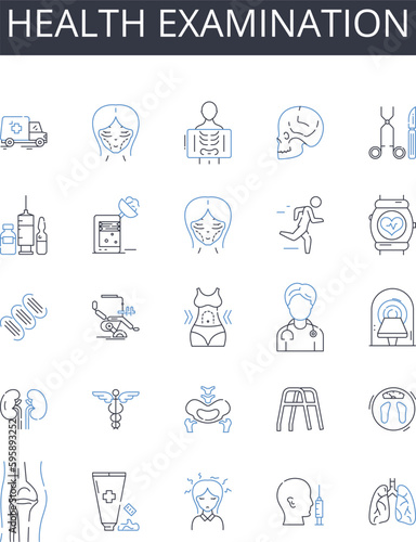 Health examination line icons collection. Dental checkup, Eye exam, Hearing test, Blood analysis, Physical assessment, Wellness check, Medical evaluation vector and linear illustration. Diagnostic