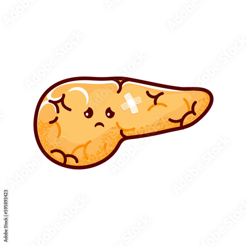 Cartoon sick pancreas organ character. Digestive system internal organ, medical diagnosis or physiology and health problem vector personage. Human body disease, pancreas sad character with patch