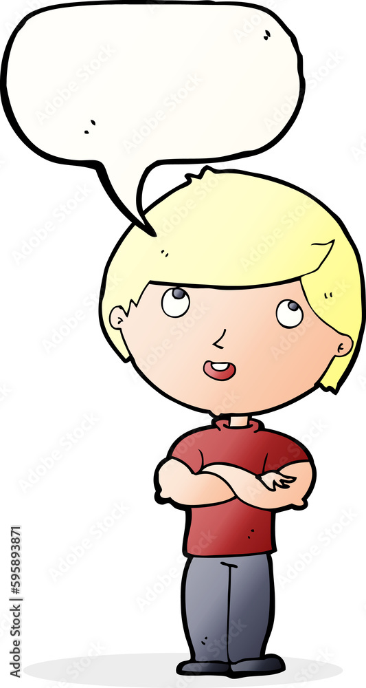 cartoon happy man with folded arm with speech bubble cartoon happy man with folded arm with speech bubble