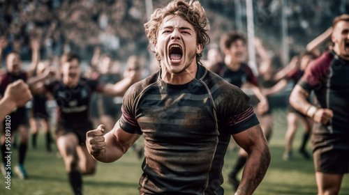 Rugby players cheer and celebrate their team's victory - ai generative