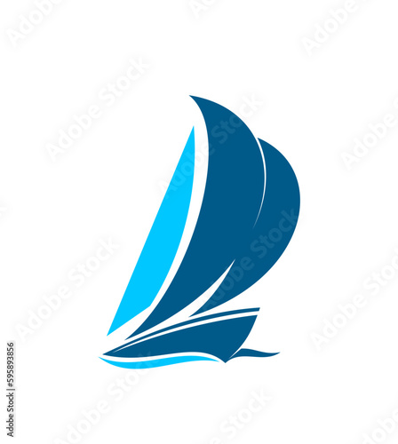 Yacht on sails icon, boat or sailboat and marine regatta, yachting club vector symbol. Sea cruise, nautical sport tourism and yacht sailing adventure team badge of yacht sailing on water wave line