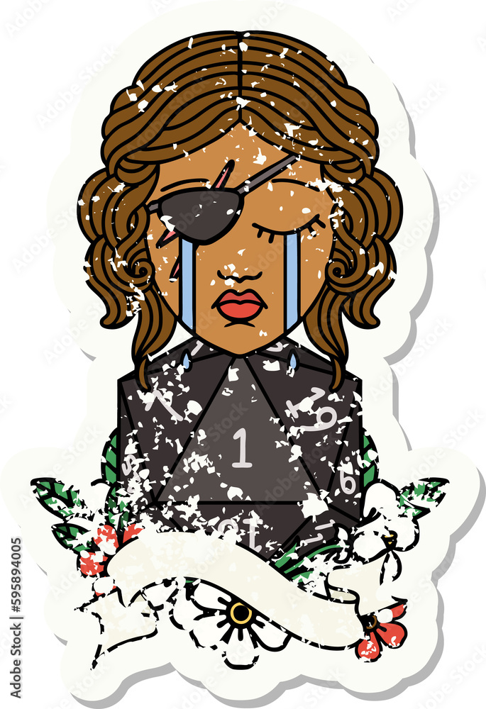 Retro Tattoo Style crying human rogue with natural one D20 roll Retro Tattoo Style crying human rogue with natural one D20 roll