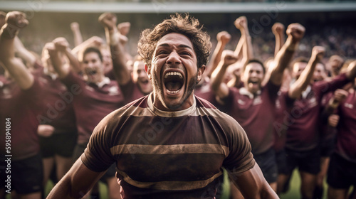 Rugby players cheer and celebrate their team's victory - ai generative