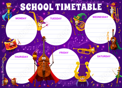 Timetable schedule wizard musical instrument characters, sound waves and music notes. Kid vector planner with vuvuzela, saxophone, french horn or drum, double bass, castanets or harp, violin and flute