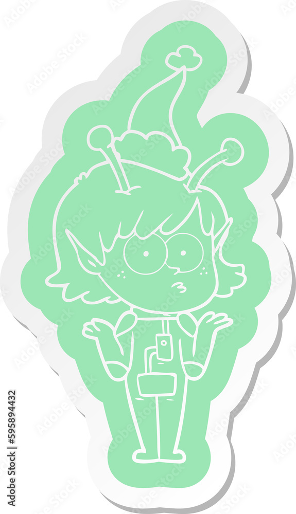 quirky cartoon sticker of a alien girl wearing santa hat quirky cartoon sticker of a alien girl wearing santa hat