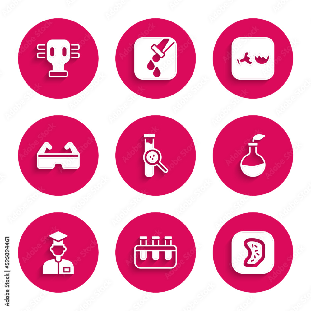 Set Test tube and flask, Bacteria, Plant breeding, Laboratory assistant, Safety goggle glasses, Broken and Gas mask icon. Vector Set Test tube and flask, Bacteria, Plant breeding, Laboratory assistant, Safety goggle glasses, Broken and Gas mask icon. Vector