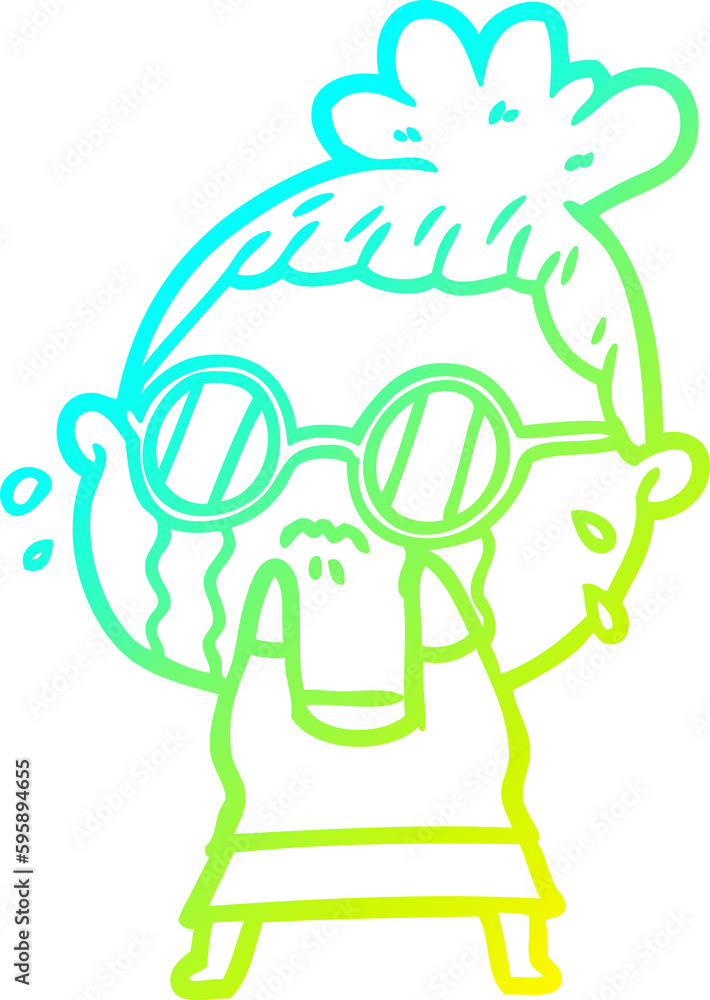 Fototapeta premium cold gradient line drawing of a cartoon crying woman wearing sunglasses
