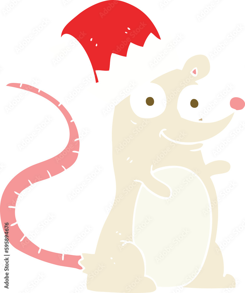 flat color illustration of mouse wearing christmas hat