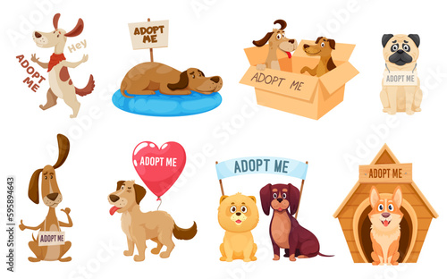 Adopt dog, pet animals adoption signs, homeless dogs and puppy rescue shelter, vector. Adopt dog funny cartoon signs with smiling dogs, love balloon, doghouse and pet pillow