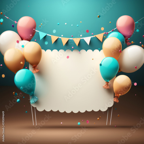 Birthday background with balloons. Illustration AI Generative.