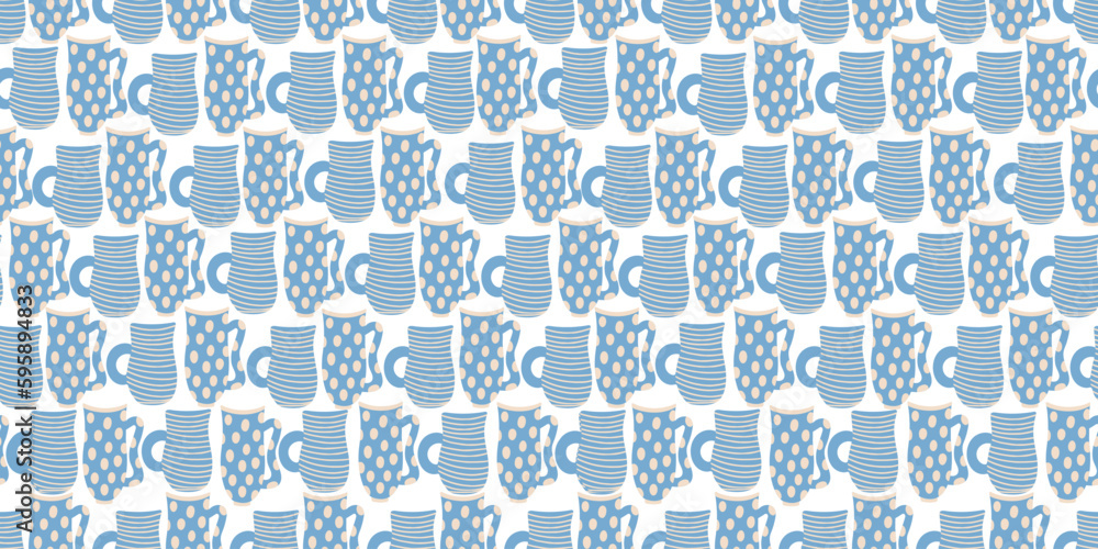 Vector seamless pattern with blue mugs on white background. Great for linens, tablecloths, wallpapers, covers.