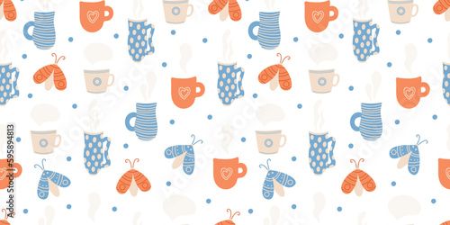 Vector seamless pattern with moths and mugs on white background. Great for linens, wallpapers, covers.
