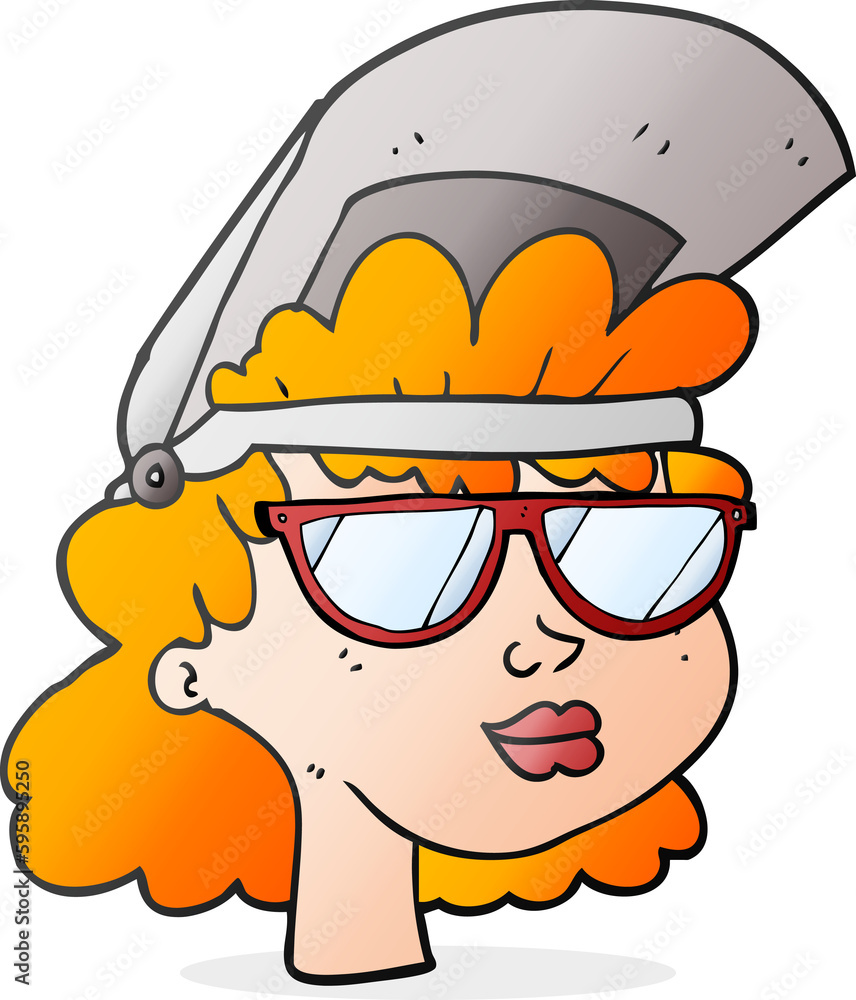 Freehand drawn cartoon woman with welding mask and glasses Freehand drawn cartoon woman with welding mask and glasses