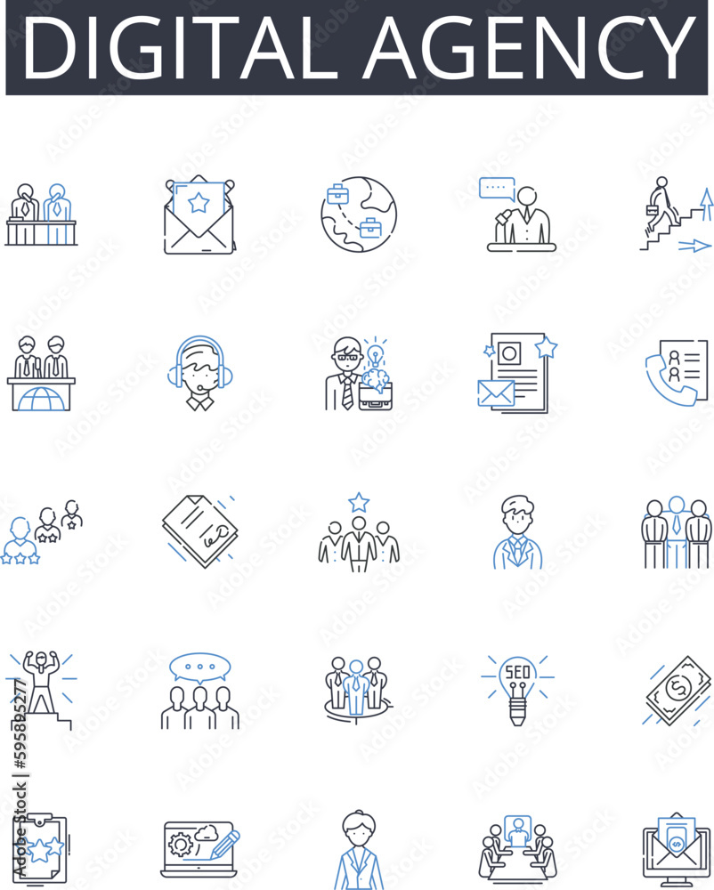 Digital Agency line icons collection. Creative Studio, Marketing Firm, Technology Company, Design Agency, Social Media, Branding Expert, Advertising Agency vector and linear illustration. Web